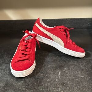 Red suede low tops